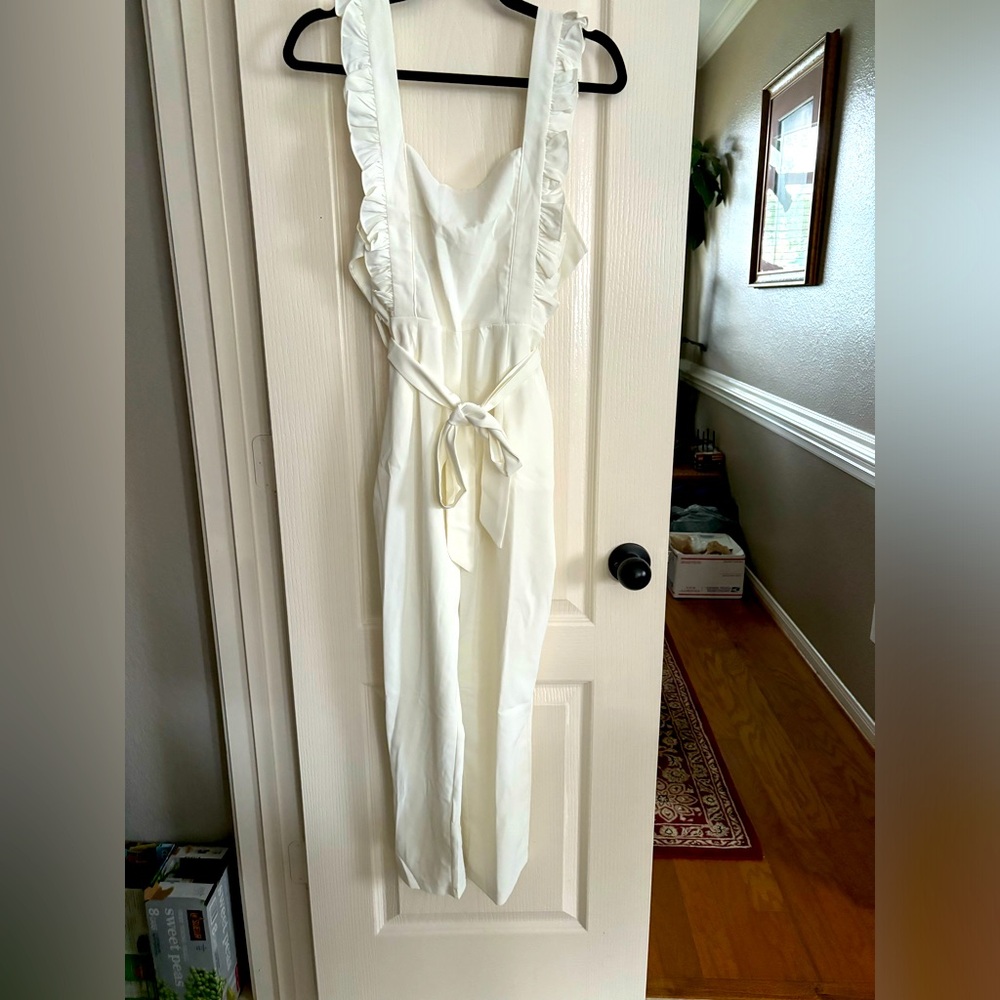 White Ruffle-Strap Jumpsuit with Tie Waist